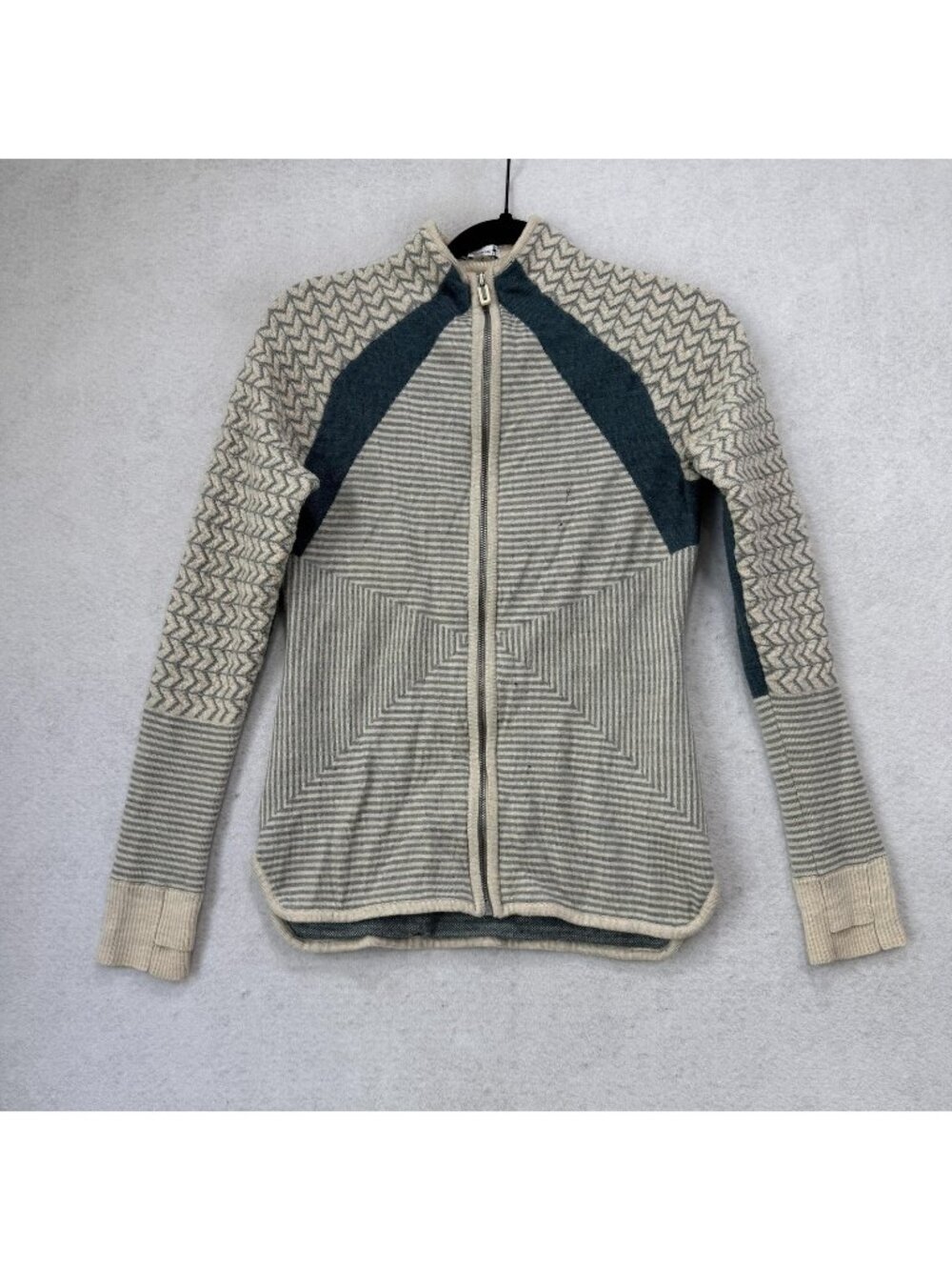 Smartwool Sweater Womens Small Beige Stripe Mock Neck Full Zip Knit Long Sleeve